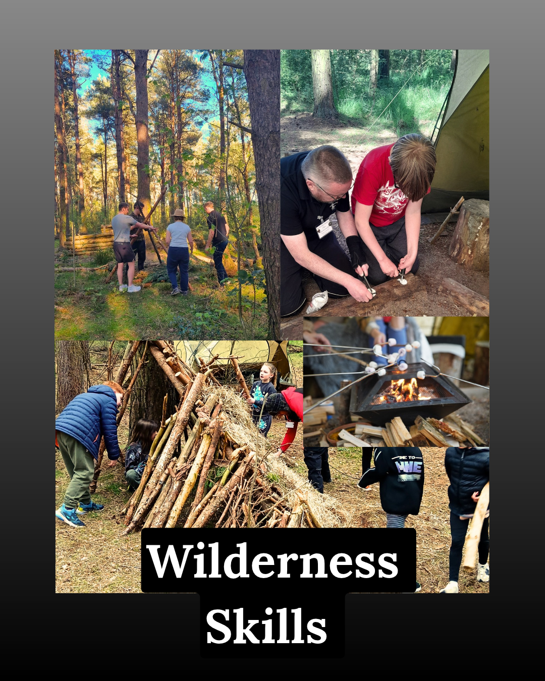 Group of people, adults and children, learning bushcrafting and wilderness skills. Conservation and safety.