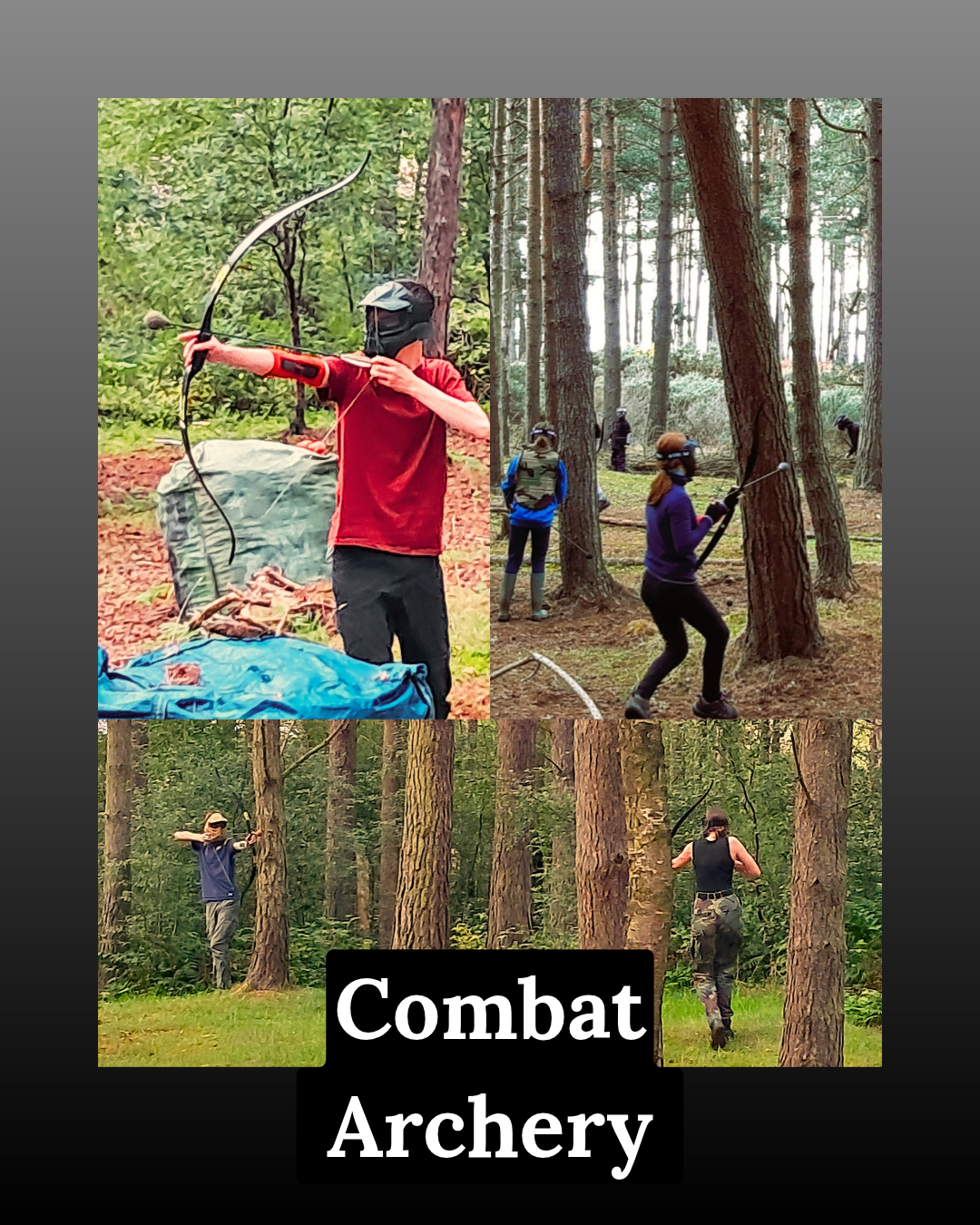 Groups of young people and corporate enjoying combat archery in the woodland. Dodgeball with a bow and arrow!