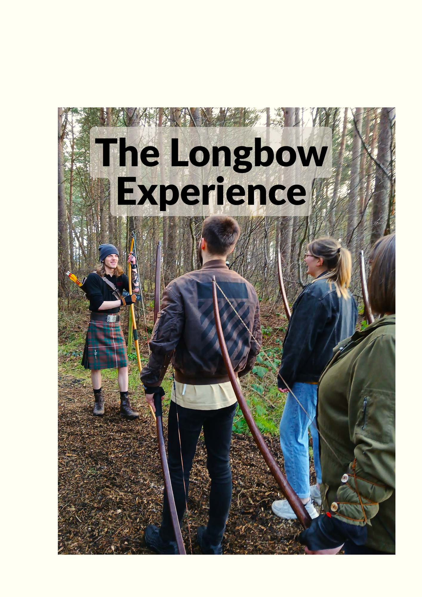 small family group enjoying longbow archery in the woods