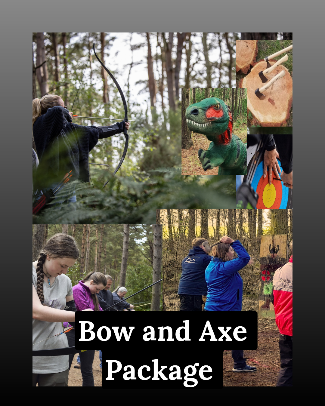 A small group of friends doing woodland archery and axe throwing surrounded by lush greenery