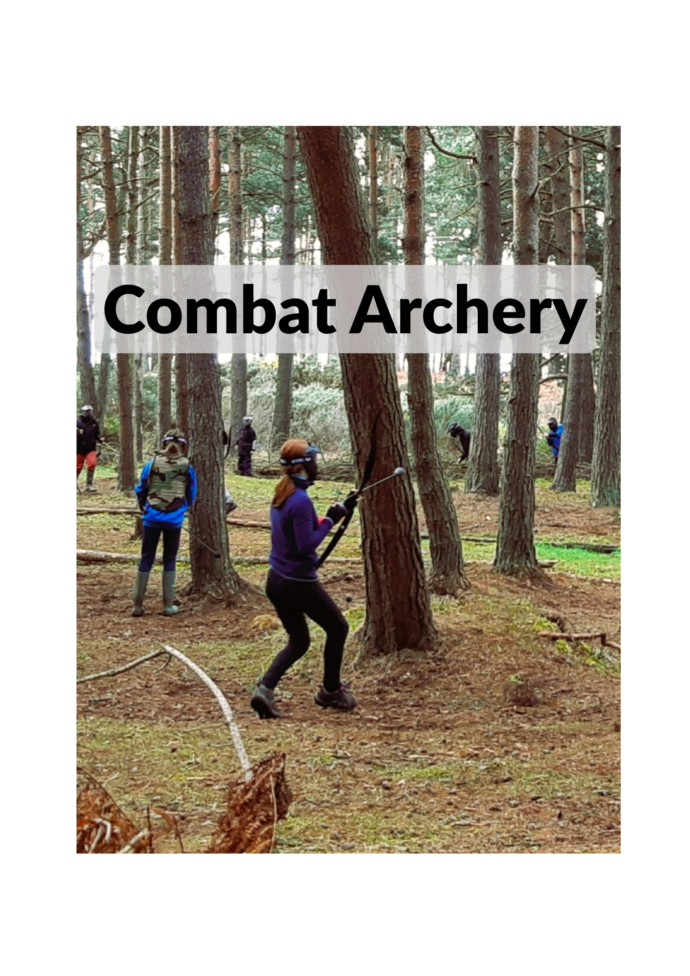 Group of young people playing the energetic combat archery in the woods